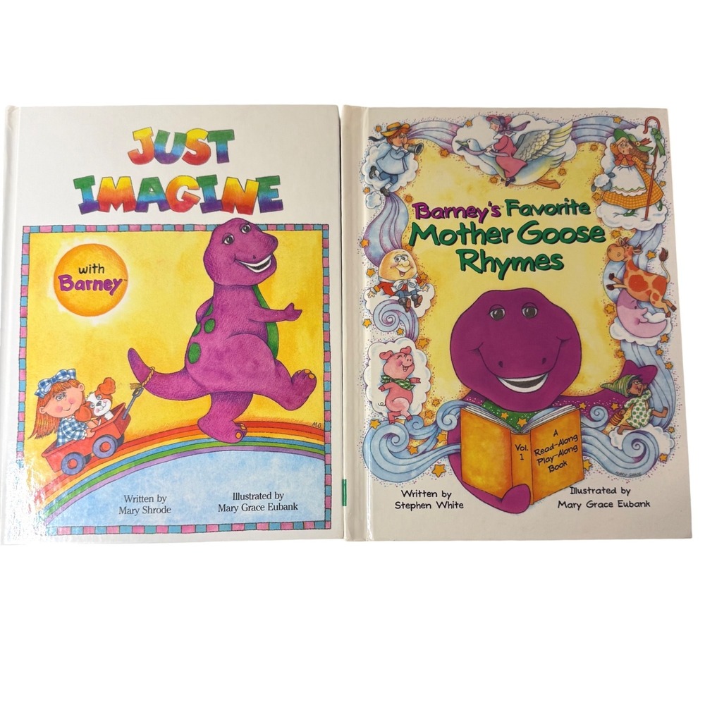 2 BARNEY DINOSAUR Vintage 90s Hardcover Books Just Imagine & Mother Goose Rhymes